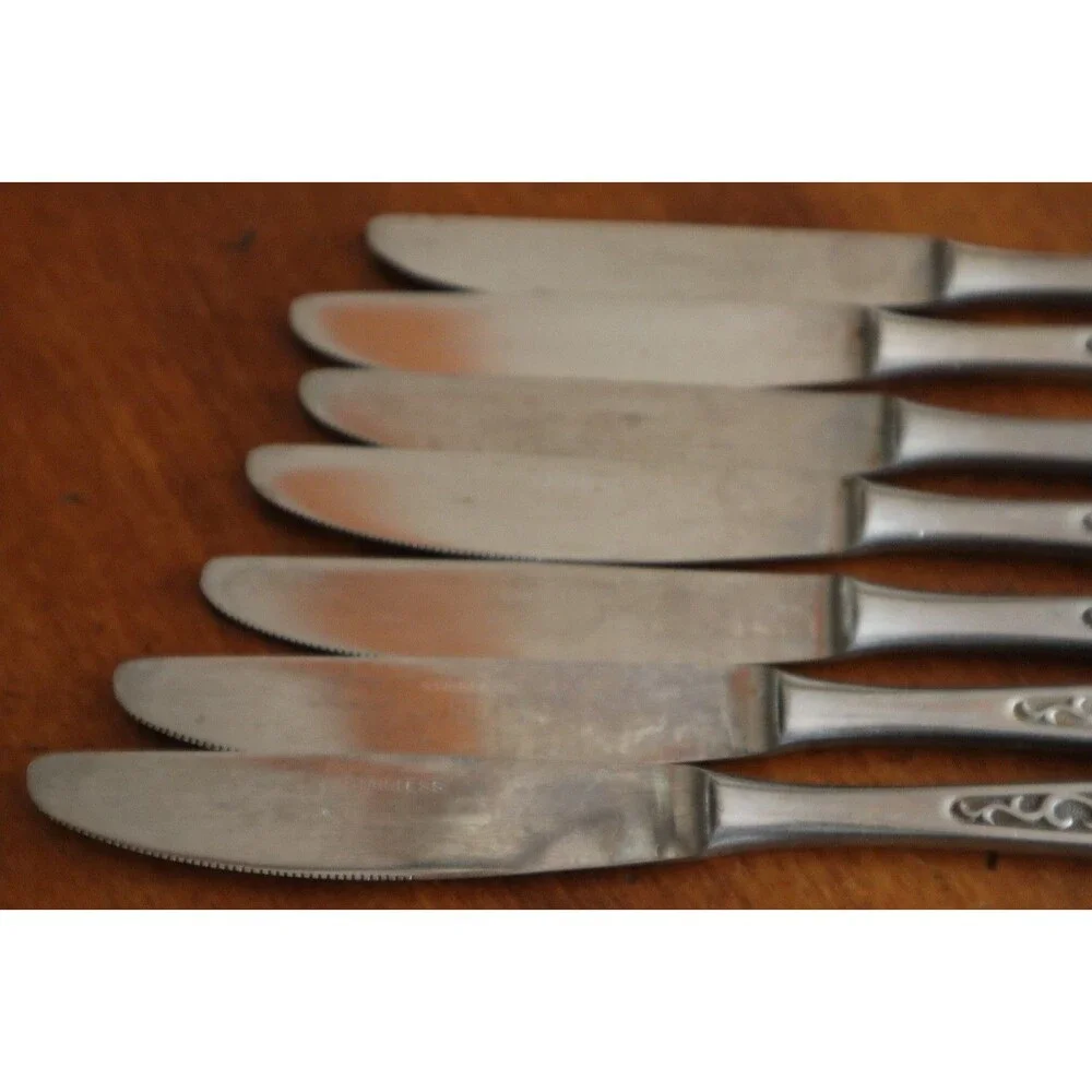 Lot 7x Imperial International IIC DAVOS Stainless Black Floral Dinner Knive 8.6